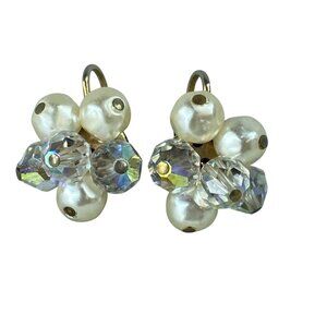 Vintage Clip-On Earrings W/ Faux Pearl & Clear Crystal Beads Cluster Design